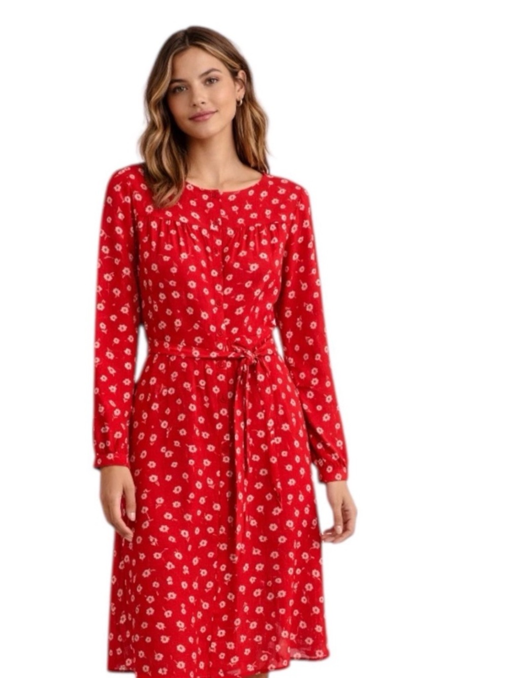 Banana Republic Red Floral Midi Dress with Tie Waist